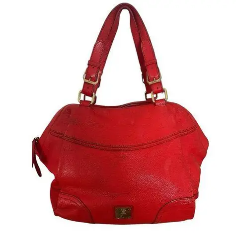 MCM Authentic Red Leather Pebble Handbag Purse Pocketbook Medium Sized READ