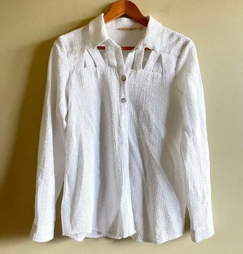 Soft Surroundings White Peekaboo Cutout Long Sleeve Button-up Shirt Top Size S