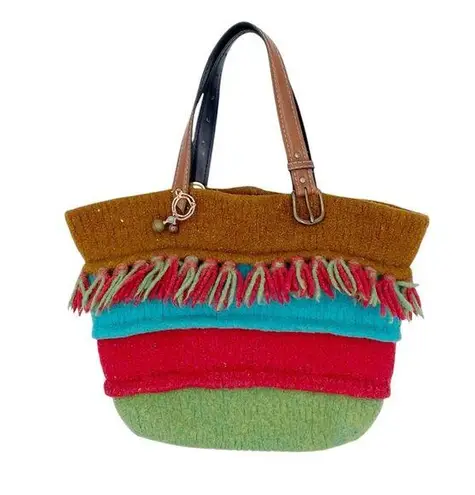 Vintage Wool Fringe Colorful Striped Bucket Tote Bag Purse Bohemian Southwestern Brown