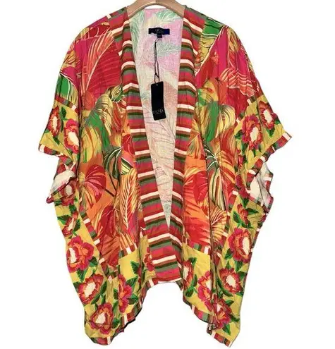 Rachel Roy Women’s One Size Bright Tropical Summer Cover Up Linen Blend Kimono Pink