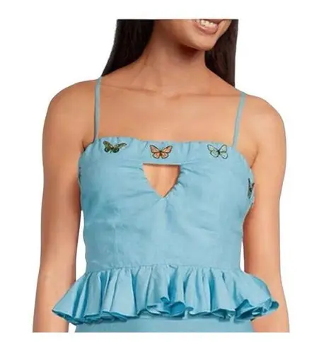 Fanm Mon XL Marion Front Keyhole Embroidered Butterfly Sleeveless Peplum Top NWT Blue