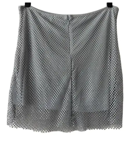We Wore What NWT REVOLVE Silver Rhinestone Studded Mesh Net Mini Skirt 12 Silver