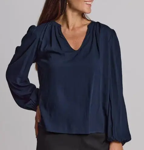 Ramy Brook Womens Navy Ruched Sleeve
V-Neckline Silky Blouse Sz XS