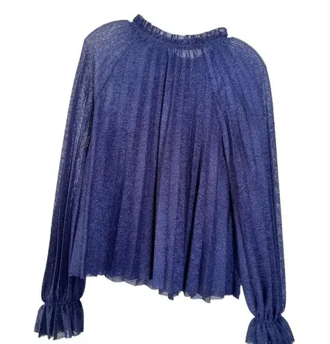 ZARA  Size M Accordion Pleated Bell Sleeve Blouse Ruffle High Neck Sheer Blue