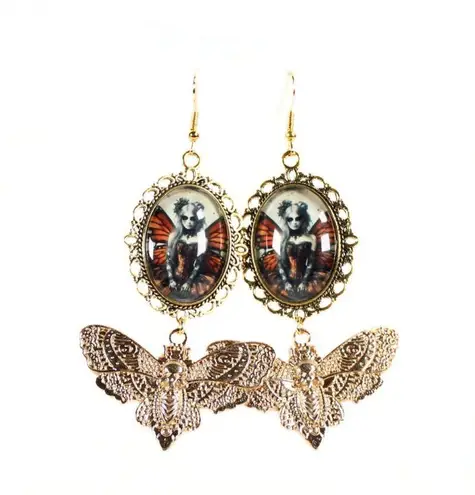 Handmade Gothic "Sunset Ember" Gothic Butterfly Fairy Earrings with Gold Moth Charms