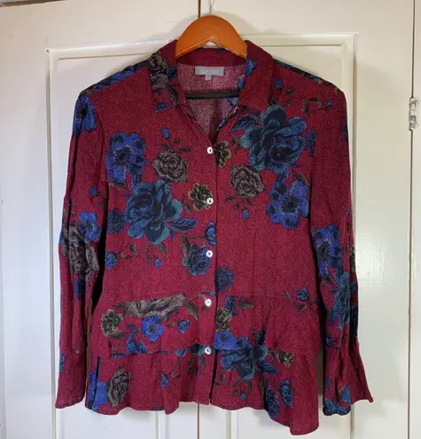 Habitat Floral Print Button Down Peplum Top Red Blue Women's Size Small Church