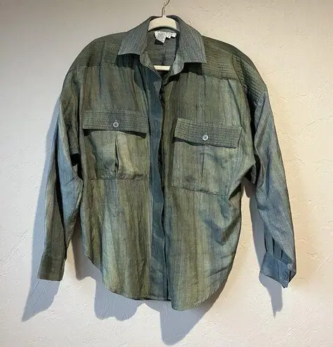 Vintage Silk Button Up Shirt Blouse Small Tie Dye Indie Classic Army Green Cute