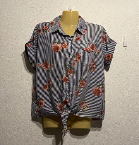 Passport Women’s Striped Floral Tie Front Button Down Blouse Large Blue White L