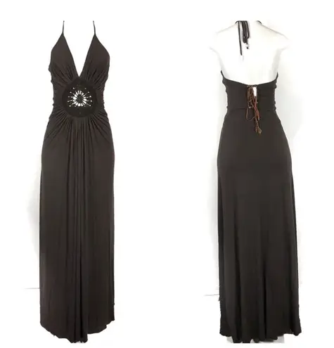 Sky Brand Maxi Dress Size Small S Sleeveless Halter Festival Boho Crochet Y2K Summer Brown Black