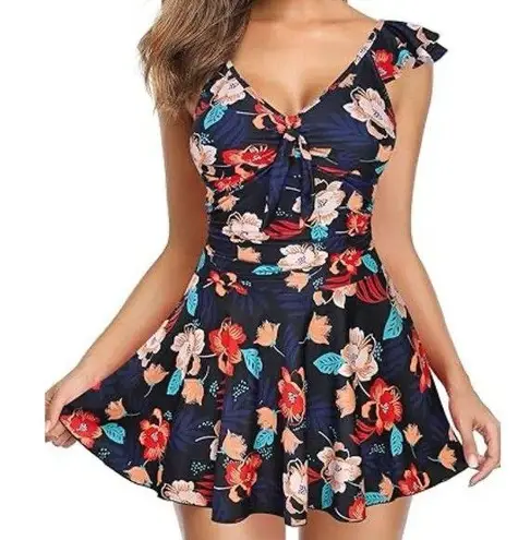 SHEKINI Ruffle Tie Knot Front Ruched Swimdress Size M New With Tags Black Size M