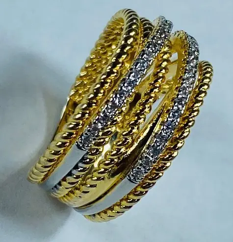 Fashion Ring Gold Tone Clear Rhinestone Accents Layered Twisted Rope Design Sz 8