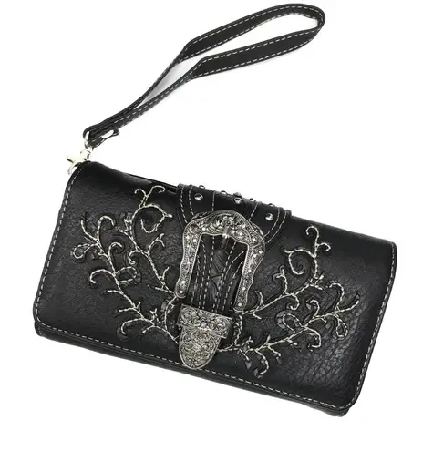 Classic Western Buckle Crossbody Trifold Wallet Black