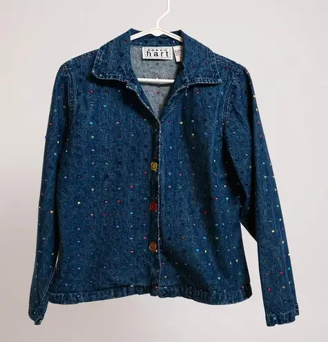 Keren Hart Denim Jacket Rainbow Polka Dot Square Button Up Jean Top Large Blue