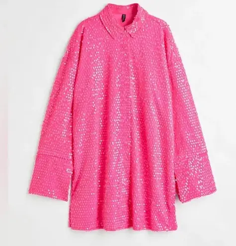 H&M pink sequins shirt mini dress button down Barbiecore long sleeve eras tour - Image 8