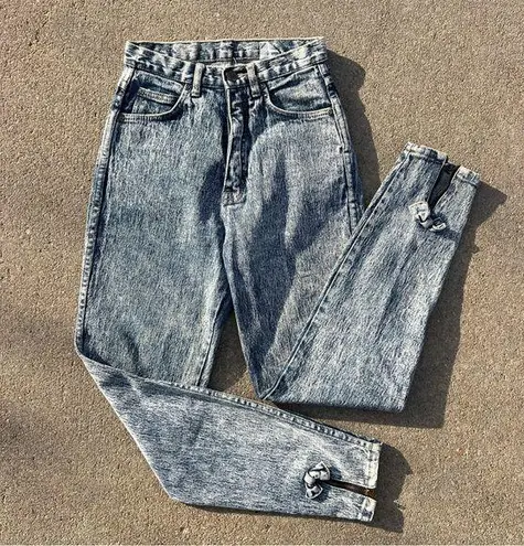 Vintage 80s Pure Jeanswear Zipper Ankle Bow Acid Wash High Rise Taper Jeans Blue Size 24