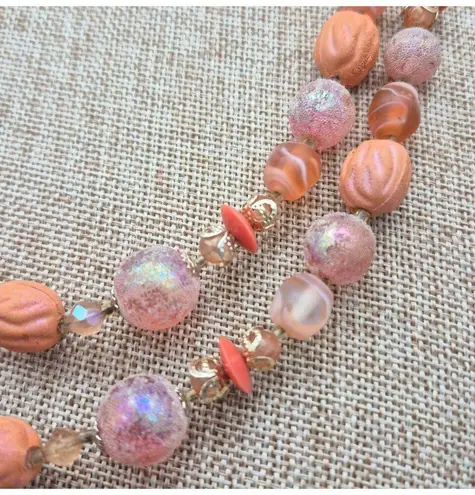 None Vintage Pastel Pink & Peach Textured Art Bead Necklace Hidden Box Clasp Japan
