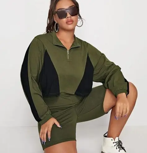 SheIn Plus Two Tone Zip Half Placket Sweatshirt and Biker Shorts Set