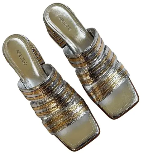 NWOT Arezzo Leather Heidi Heeled Sandals Silver Gold Size 9.5