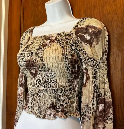 Tempo Paris Vintage Smocked Long Sleeve Animal Print Top S Peasant Fairy Y2K