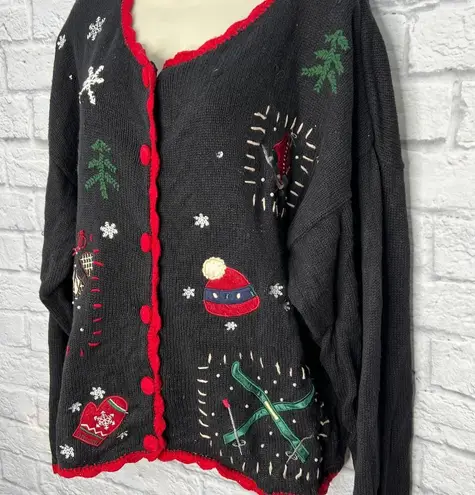 basic editions Vintage Christmas Cardigan Sweater Size XL Black Beaded Sequins