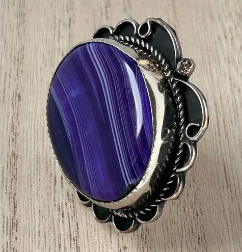 Gary Nez Navajo Purple Banded Agate Native American Huge Signed GN Ring Size 8