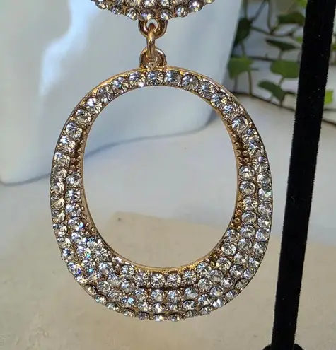 Statement Long Gold Oval Drop Earrings with Rhinestones