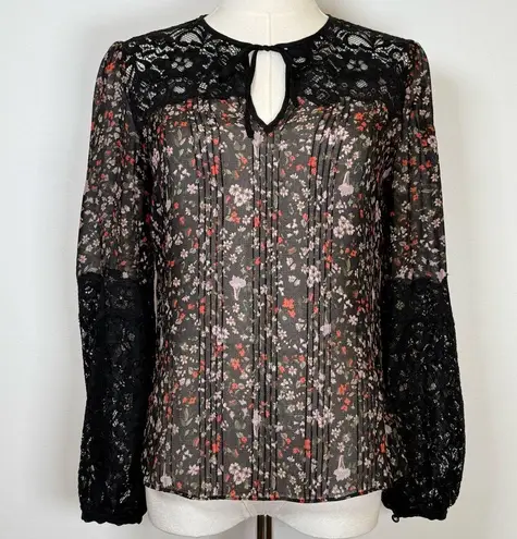 Rebecca Taylor ‘Lyra’ Red Floral Black Lace Pintuck Silk Blouse Women’s Size 00