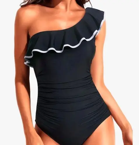 Tempt Me Womens Swimsuit Size Medium One Piece One Shoulder Ruffle Black Medium