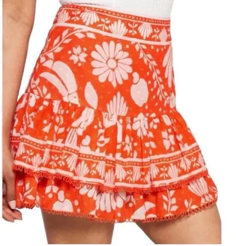 Farm Rio Bright Orange Jungle Floral Tiered Ruffle Mini Skirt Size Medium