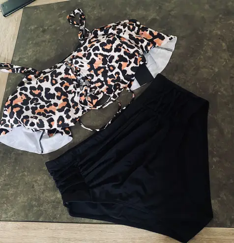 Daci Women Plus Size Ruffle Tummy Control High Waisted Bikini Two Piece Swimsuits Lace up Swimwear Off Shoulder Bathing Suit