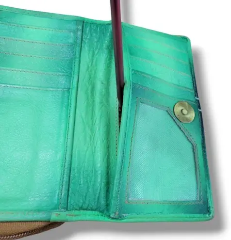 Magnifique Wallet Leather Trifold Wallet Butterfly Floral Hand Painted Wallet Green