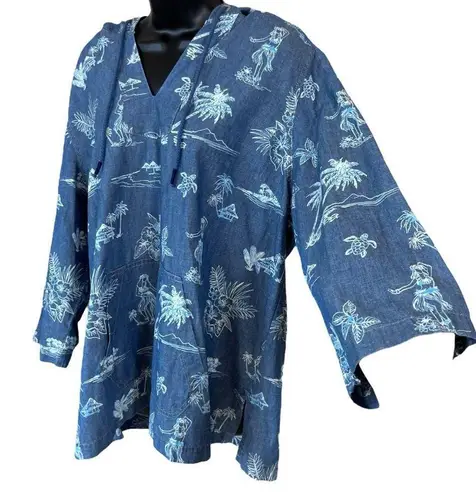 Tommy Bahama  Hula Hut Tropical Print Baja Blue Linen Blend Hoodie