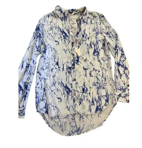 Lemlem Hana Blue white marbled pattern 100% Silk blouse sz small