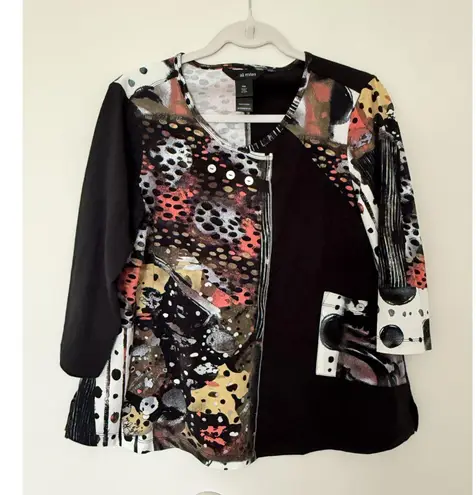 Ali Miles Black Colorblock Abstract 3/4 Sleeve Tunic Top Modern Chic Sz PM