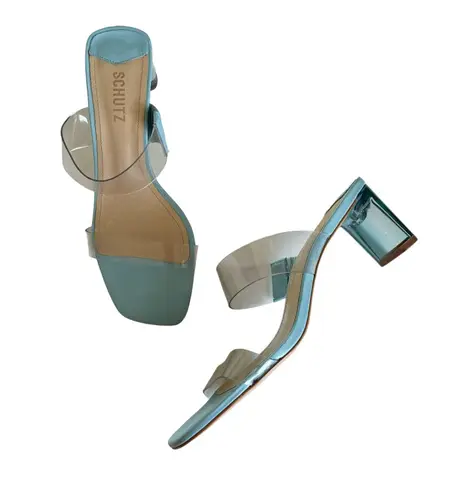 Schutz Ariella Blue and Clear Acrylic Mid Sandals Size 8.5