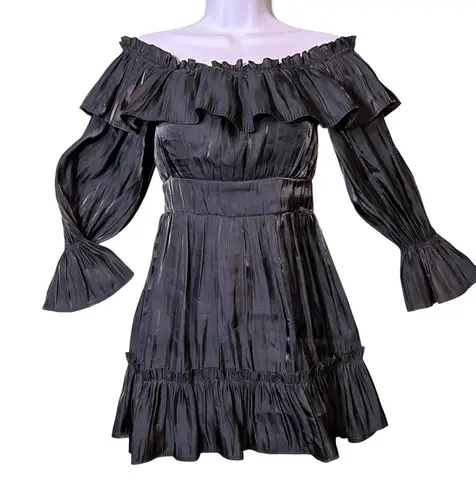 Vietnamese Mini Dress Off Shoulder Tiered Ruffle Long Sleeve Señorita Black Size XS