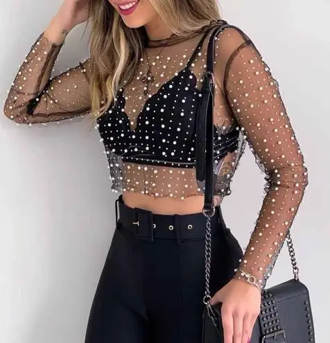 Beach Bunny REVOLVE x Look and Glisten Pearl Mesh Top in Black Sz. XS