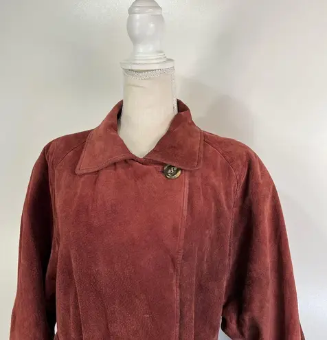 Henri Bendel Vintage Suede Coat Red Leather Belted Double Breasted Cherry
