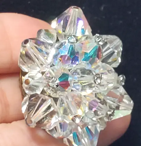 Antique 1930s Aurora Borealis Crystal Cluster Atomic Brooch Vtg Unsigned 1.5"