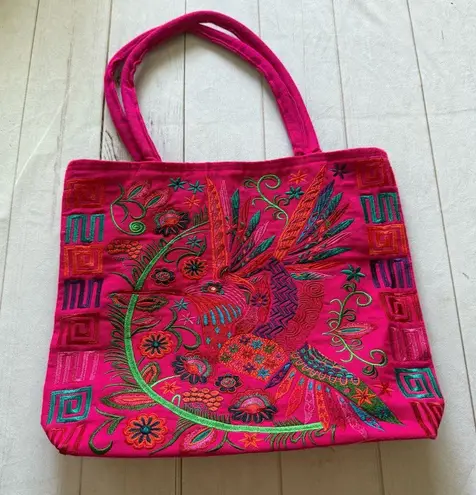 HUMMINGBIRD Embroidered Floral Vibrant Unique Bag Large Pink Zipper Pockets Red