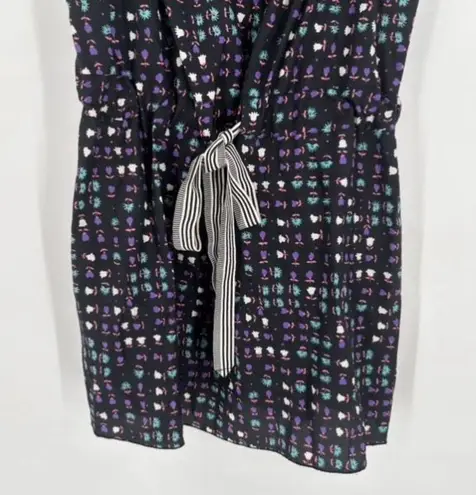 Anna Sui Anthropologie x Silk Blend Floral Dress Stripe Trim Sz 8 Black Colorful