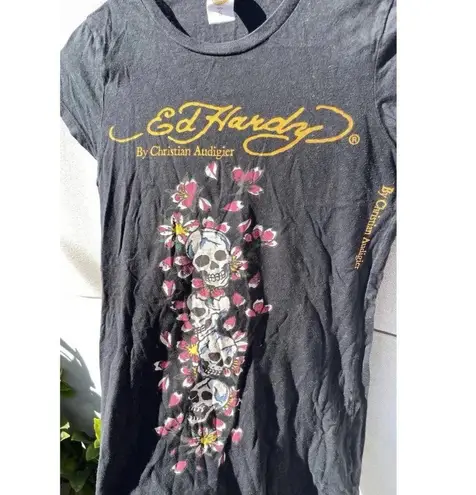 Ed Hardy Vintage Christian Audigier Women's Black T-Shirt Skulls Flower Tattoo S
