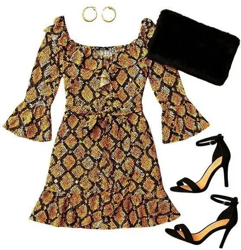 Boohoo Snakeskin Print Ruffle Mini Dress Long Sleeve Bold Party Fashion Look