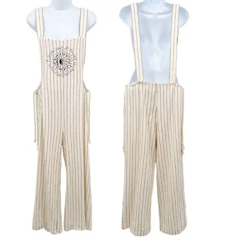 DANNIJO Wide Leg Embroidered Yin Yang Zodiac Cropped Cotton Overalls Jumpsuit Black