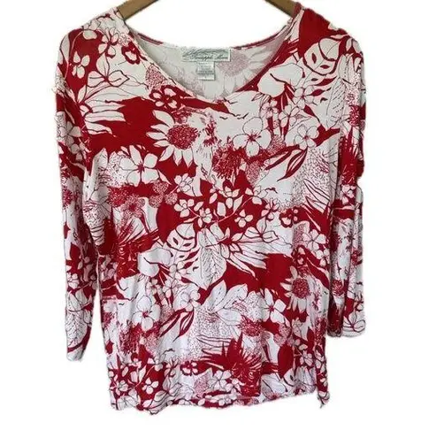 Pineapple Moon Hawaiian Aloha Tropical Floral Quarter Sleeve Silky Top L Red Size L