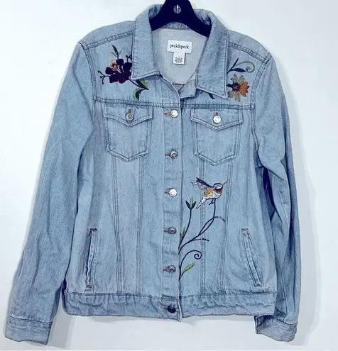 Peck & Peck Hummingbird Embroidered Blue Jean Floral Long Sleeve Denim Jacket