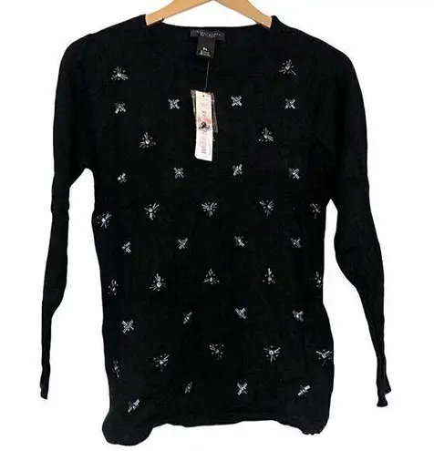 Investments NEW PETITE Black Beaded Bead Holiday Rayon Crewneck Sweater PS SP