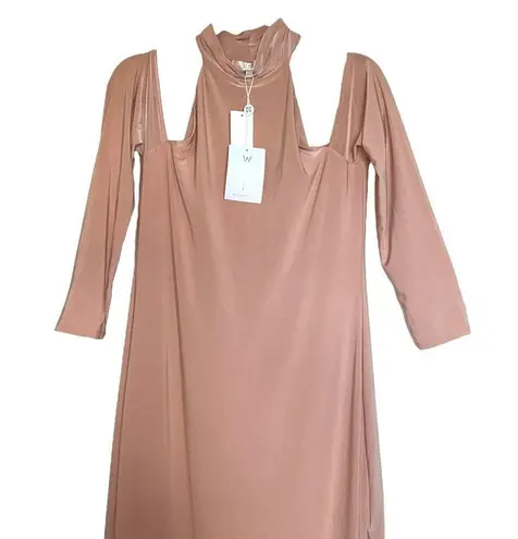 WAYF Twin Flame Nude Cold Shoulder High Neck Midi Dress Large NEW