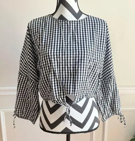 Greylin  ANTHROPOLOGIE Black White Gingham Balloon Sleeve Tie Blouse Checkered S thumbnail 1