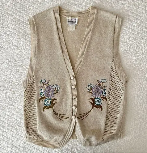 Leslie Fay Vintage 90s Embroidered Floral Knit Vest Petite Collection